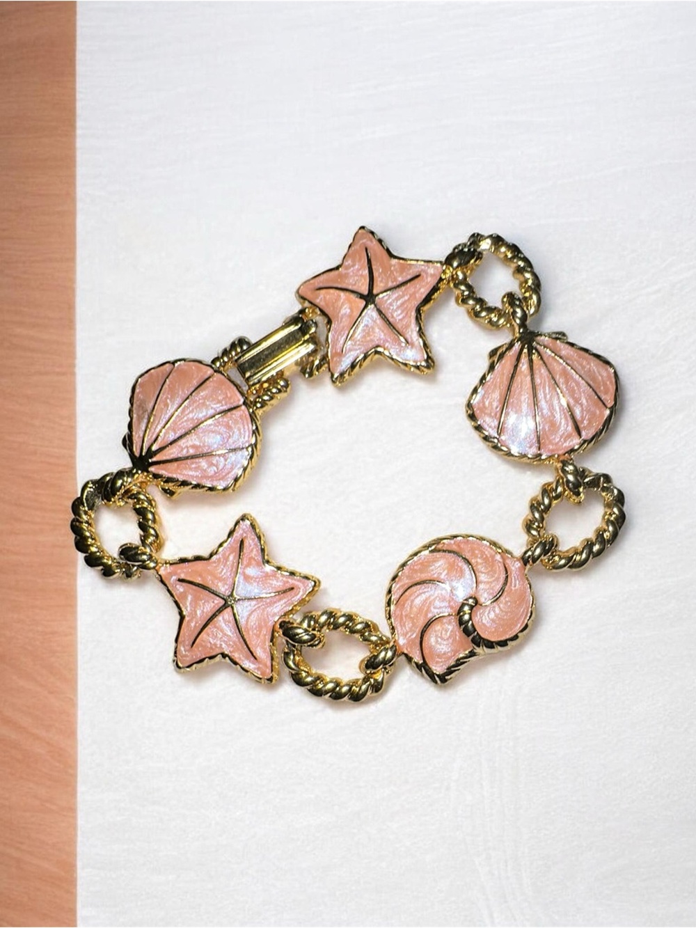 Gold-Tone Pink Enamel Sea Charm Bracelet - Brand
